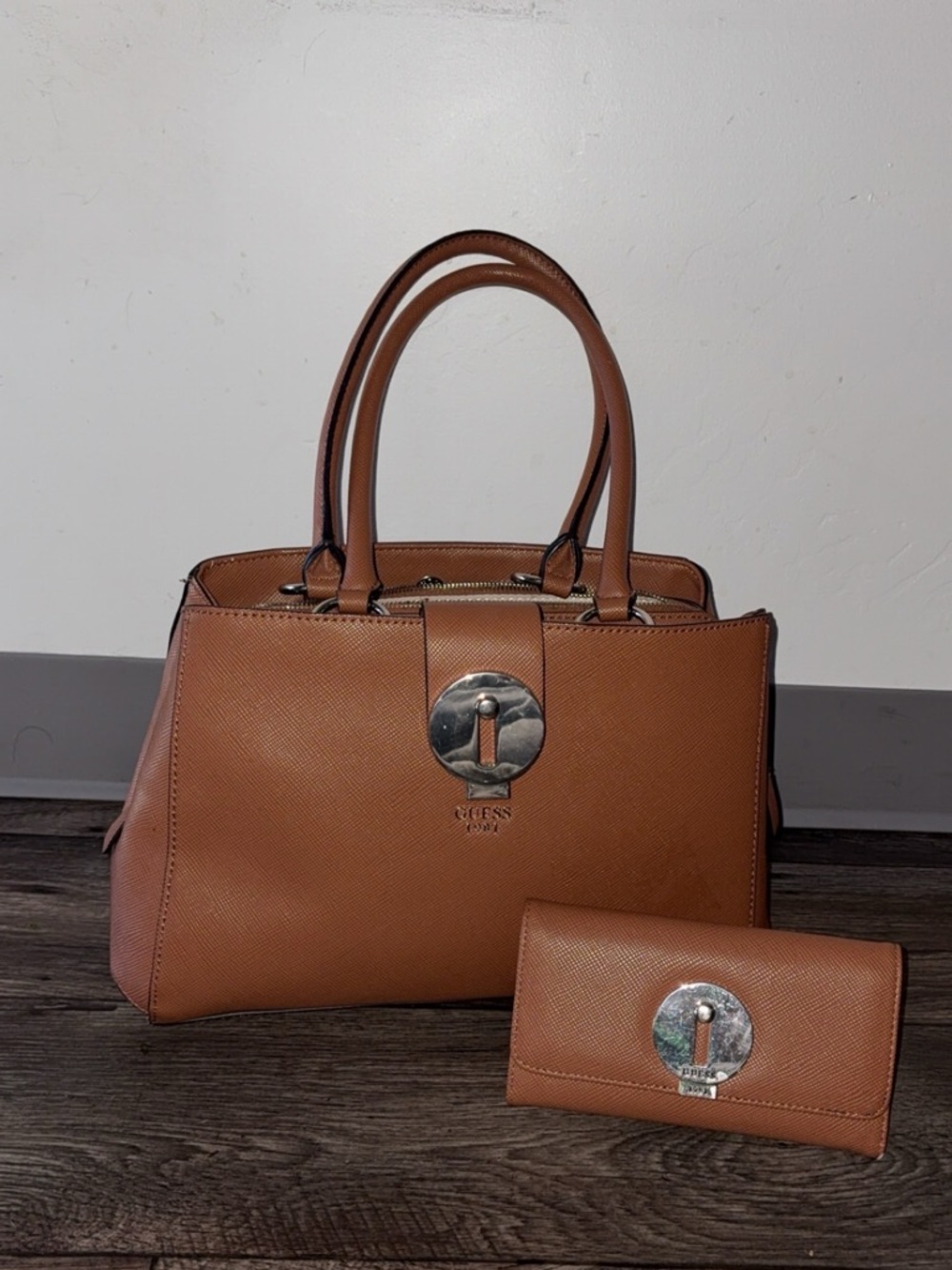 GUESS Brown Saffiano Satchel with Matching Wallet